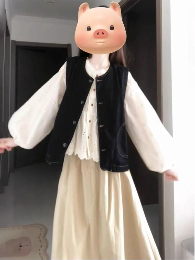 Женский осенний французский милый короткий джинсовый кардиган-жилет с полуюбкой и комплектом белой рубашки с длинным рукавом