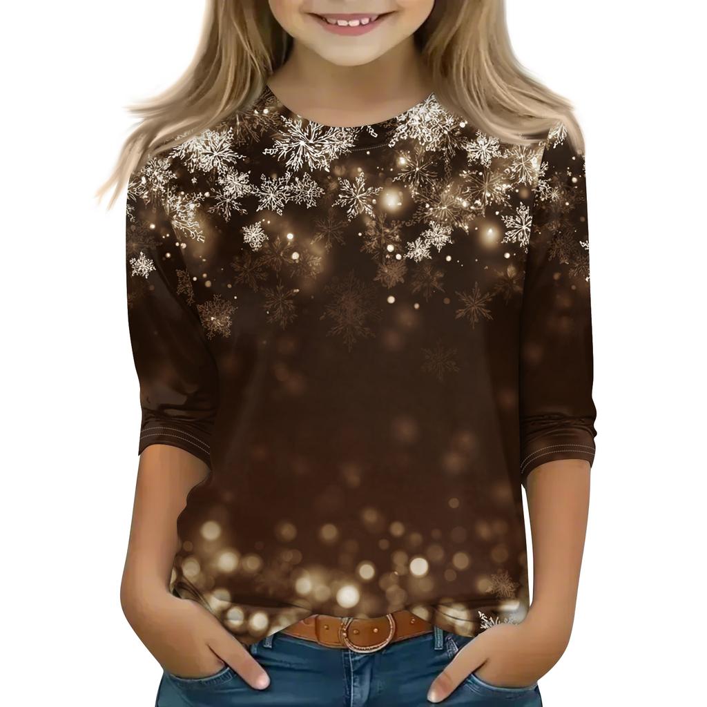 Рождественские топы с принтом для девочек-подростков 5-16 лет, футболки с круглым вырезом и рукавами 3/4, модные топы, нарядные футболки