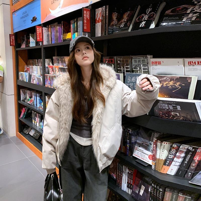 Хип-хоп ветровка с меховым воротником женская зимняя маленькая мужская утолщенная с капюшоном хлопковая куртка с чувством дизайна короткая хлопковая одежда