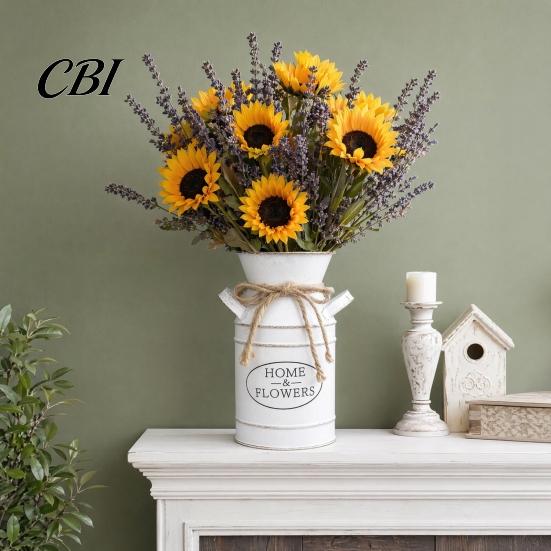 Rustic Metal Flower Bucket Vintage Iron Can Bucket, Double-Handle Vase with Jute Bow & Embossed Heart/HOME Window Display Print, Tabletop Decor