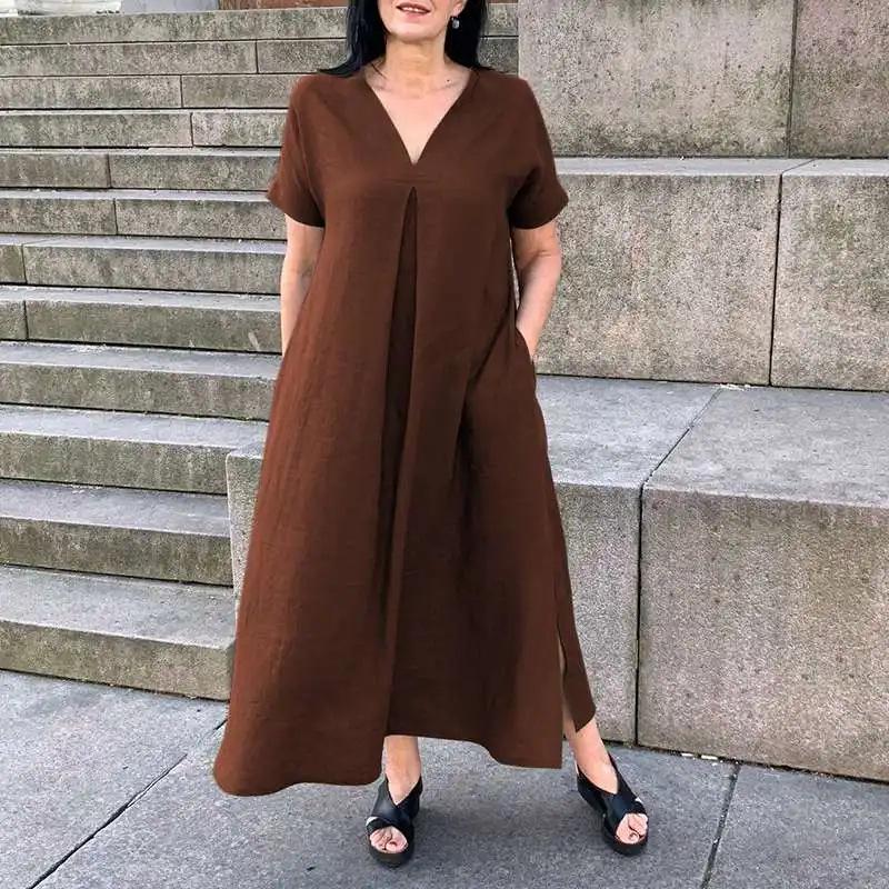 Весна/Лето 2024 Европейско-американское хлопково-льняное платье с V-образным вырезом, коротким рукавом и карманом
