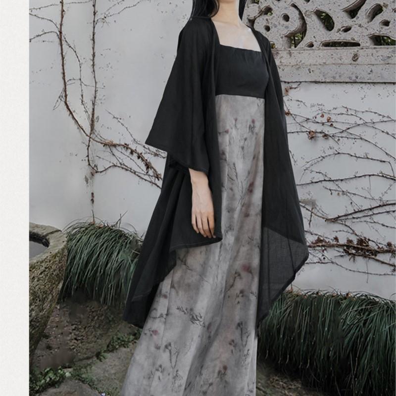 Johnature Woman Autumn Retro Loose Chinese Style Irregular Coat Vintage Flared Sleeves Solid Color Casual Coat