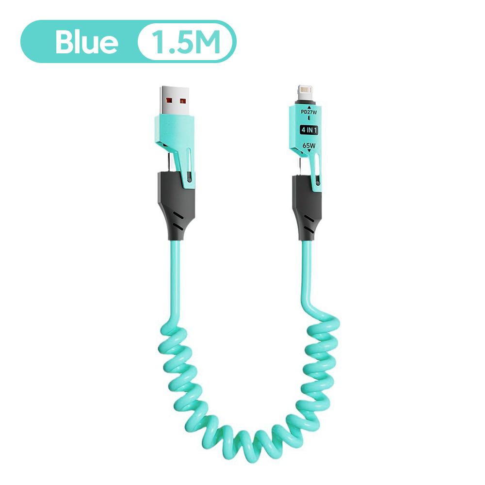 4 in 1 65W Fast Charging Spring Short Data Cable 6A USB Type C Spring Telescopic Quick Charger Wire Multi-port Charger Data Cord