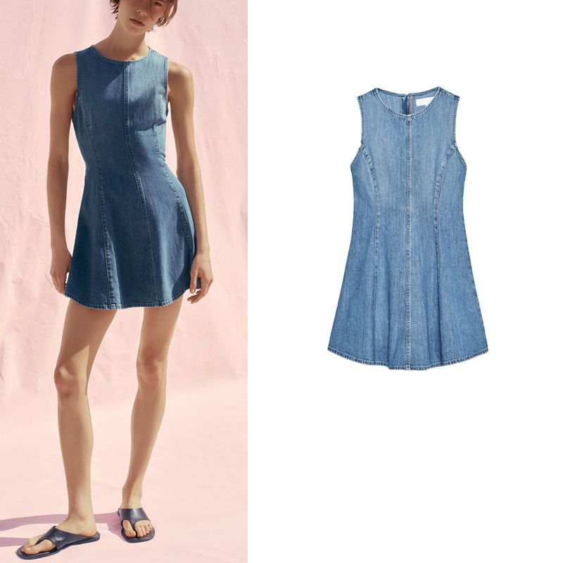 Summer New Arrival Women Clothes American Simple Style Short Wave Wide Swing Round Neck Demin Dress 3607080