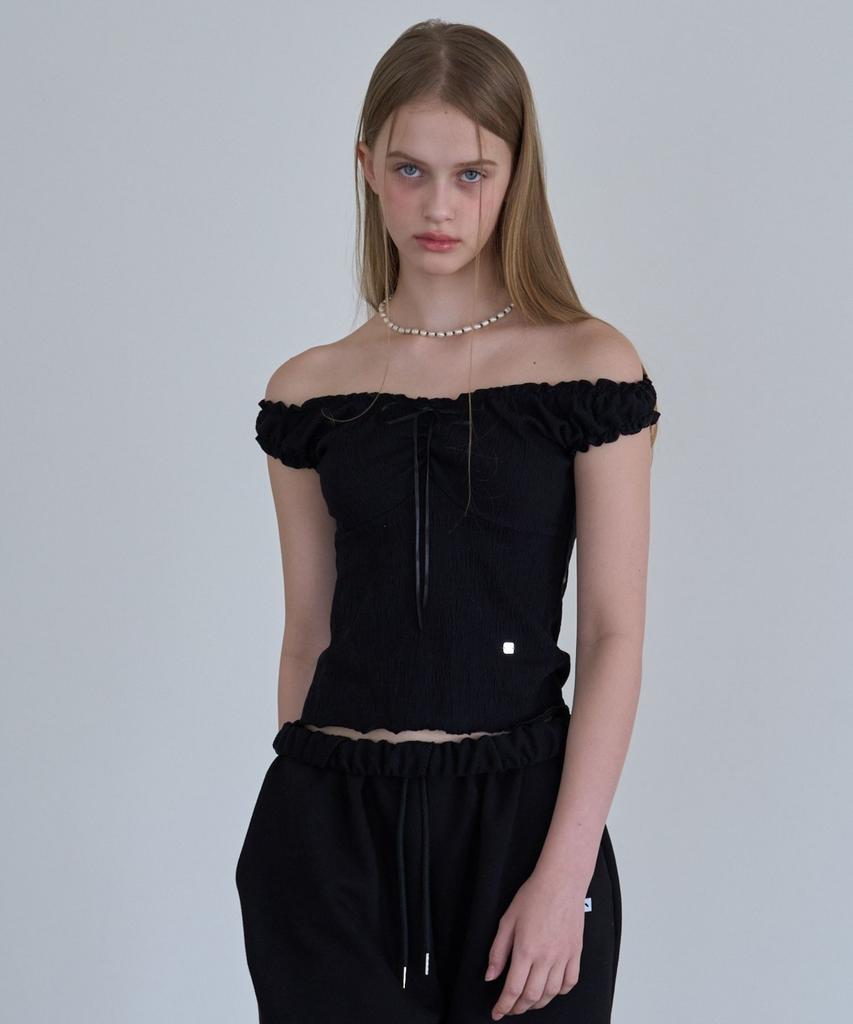 INJIACTIVE Wrinkle Off Shoulder Top Black