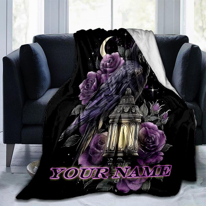 1PC Custom Name Raven Roses Night blanket versatile,all-season throw suitable for the living room,bedroom,camping,travel,and gift