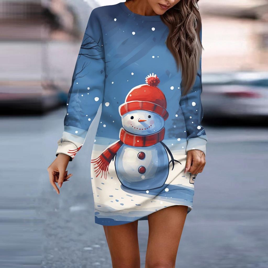 Платье с длинным рукавом для женщин, повседневное рождественское пуловер с принтом, платье-свитер, осень