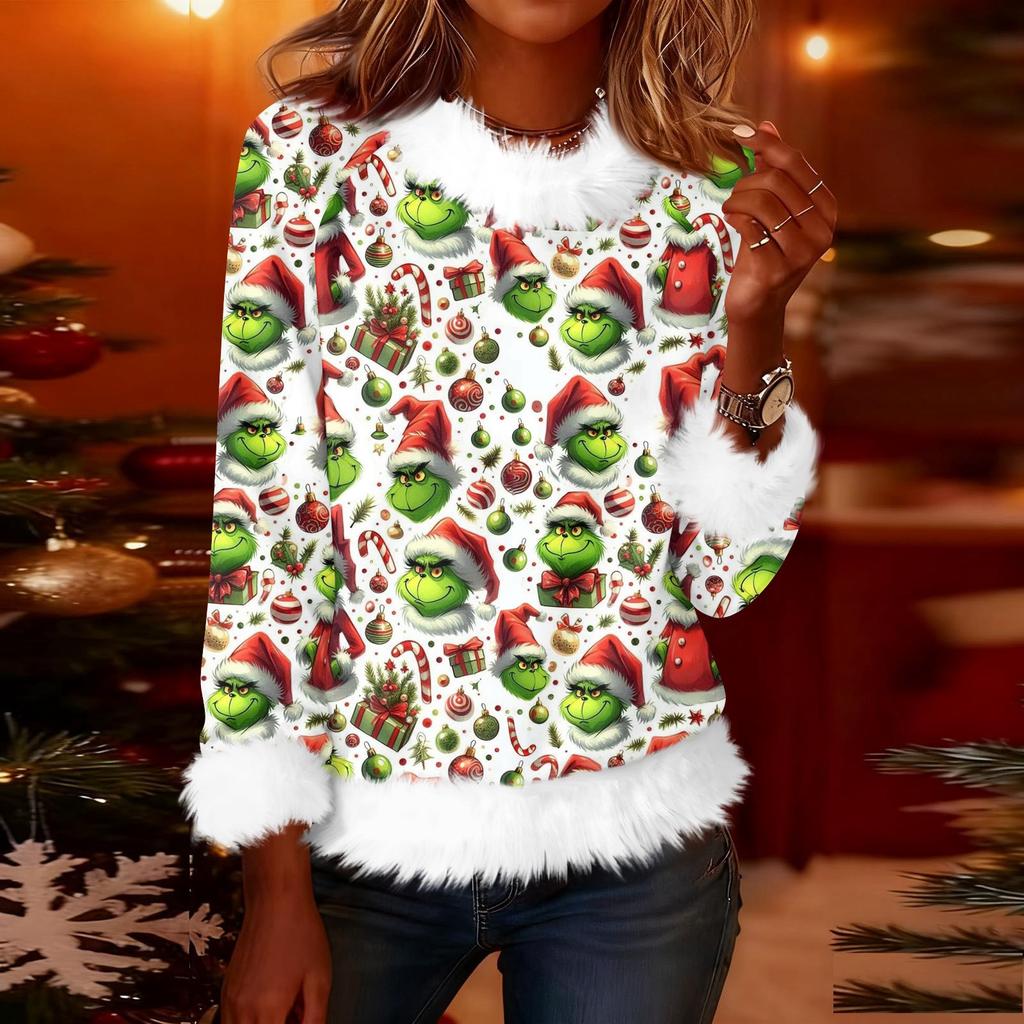 Женская модная рождественская футболка с принтом, круглым вырезом и длинными рукавами, повседневный пуловер