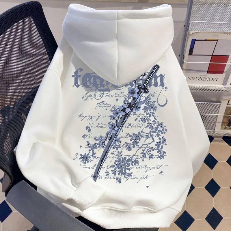 Мужская винтажная толстовка с принтом вишневого цвета и мечом, с начесом, свободного кроя, модная осенне-зимняя куртка