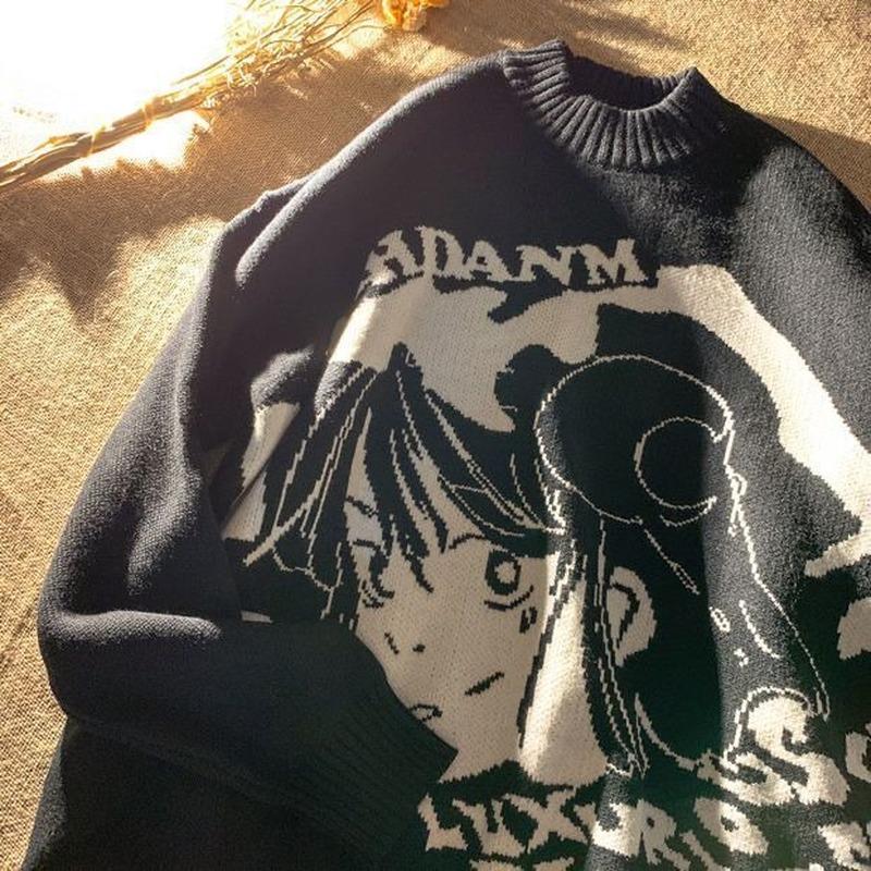 Женские свитера, аниме, вязаный свитер с рукавами, повседневный свитер с принтом, свободный пуловер, готический