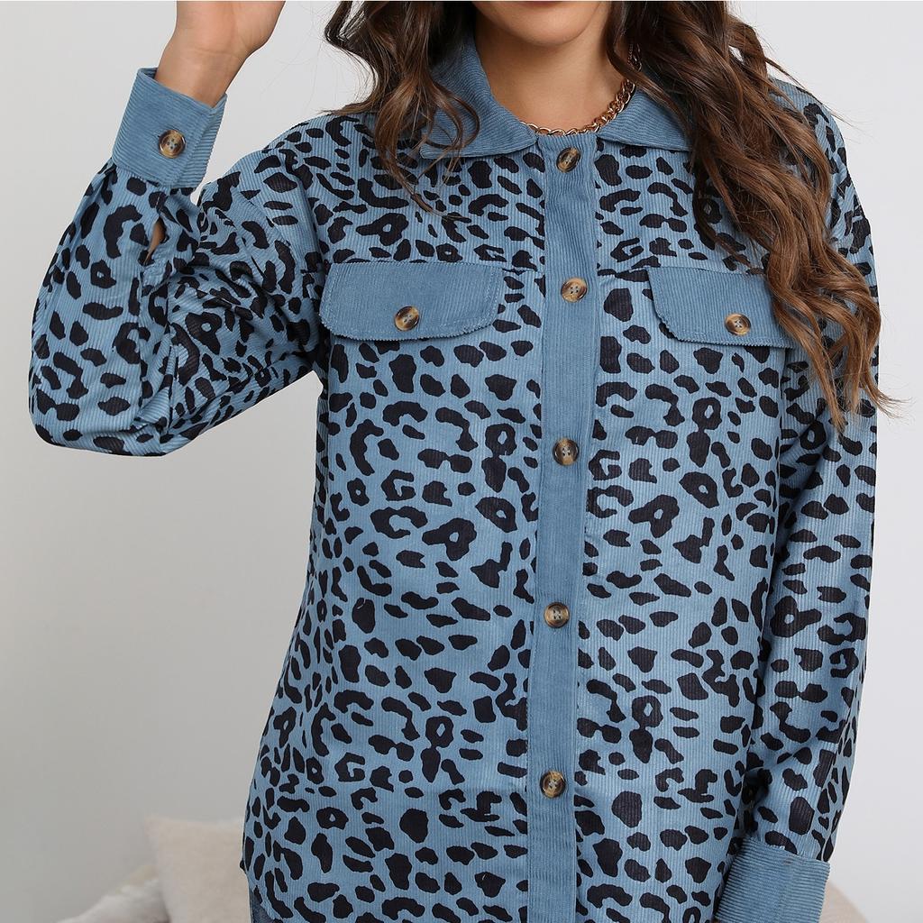 GMXIA Женские винтажные повседневные свободные куртки и пальто с леопардовым принтом на пуговицах, осень-зима с длинными рукавами и воротником-поло