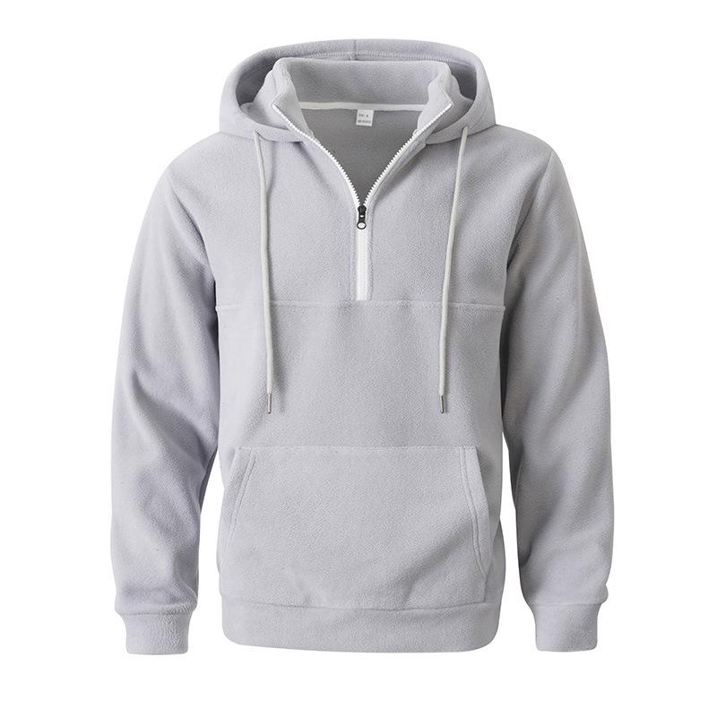Men's Thick Hooded Sweatshirt, Stand Collar Half-Zip, Long Sleeve, Autumn/Winter, European Size, Casual Style.
