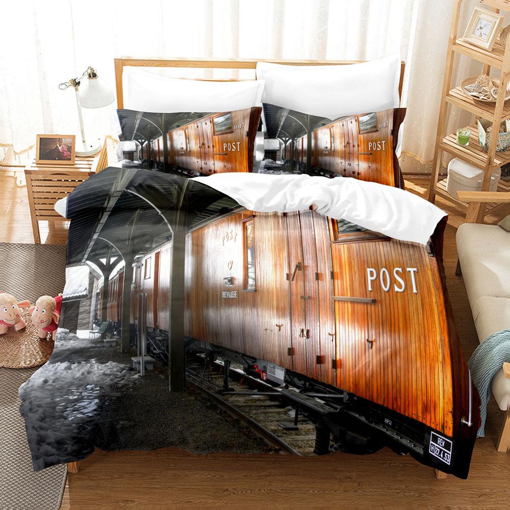 Steam Engine Duvet Cover Set Transportation Old Train King Queen Full Size Polyester Bedding Set For Teen Boys Adult Living Room