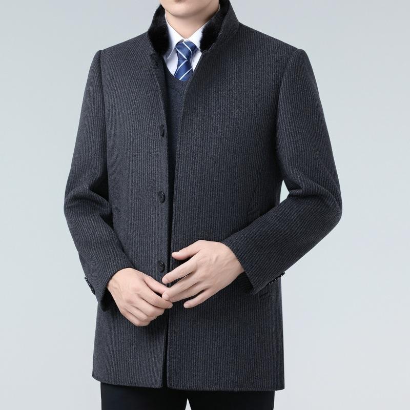 High-end Cashmere Coat for Men, Medium-length Double-sided Woolen Mink Stand-up Collar, Down Bile Business Middle-aged Dad Winter Coat