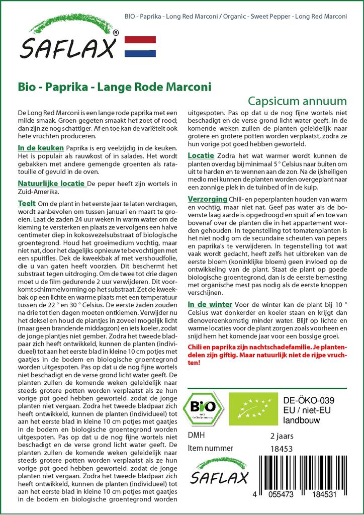 SAFLAX Garden in the Bag - Органический - Перец сладкий - Маркони длинный красный - 20 семян - С субстратом в подходящем пакете-стойке - Capsicum annuum