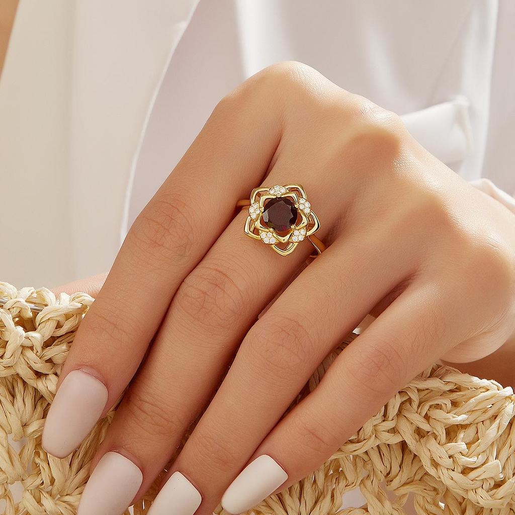 925 Sterling Silver Jewelry Set Flower Design Yellow Clasp Earring Ring Natural Red Garnet Gemstones Fine Jewelry for Women Girls Gift