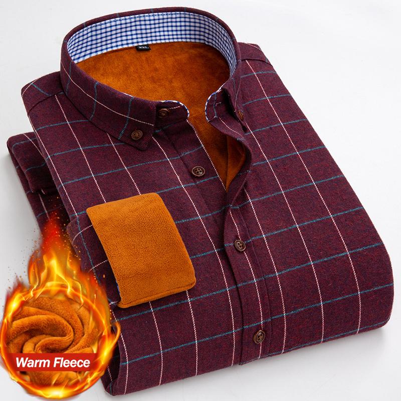 Теплая рубашка Зимняя мужская флисовая классическая клетчатая рубашка с длинным рукавом Комфортная приталенная повседневная деловая плюшевая бархатная утолщенная рубашка-платье