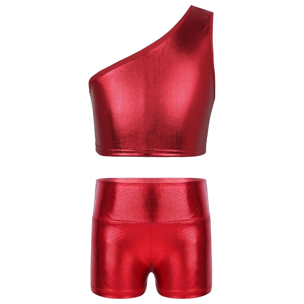 Kids Girls Metallic Single Shoulder Crop Top with High Waist Shorts for Sports Gymnastics Workout