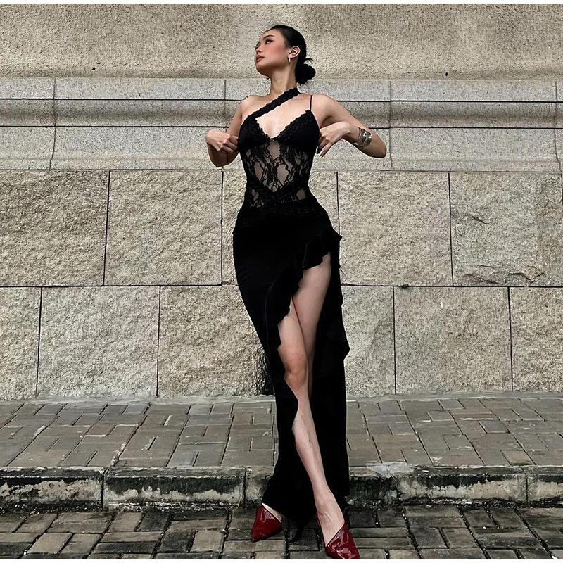 Сексуальное платье-слинг с косым воротником, женское кружевное лоскутное платье с открытой спиной и рукавами, облегающее длинное платье 2025 года, новое женское вечернее платье с оборками и разрезом