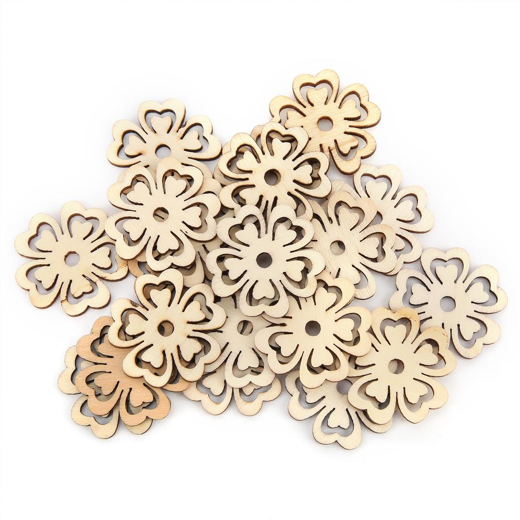 100Pcs Wood Pieces Natural Wood Material DIY Smooth Surface Flower Shape Wood for Decoration