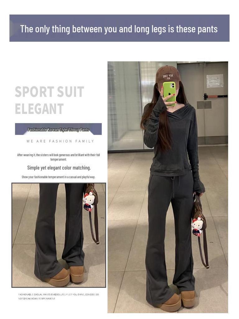 High-Waisted Gray Micro-Flared Women's Sweatpants with Fleece Lining for Spring/Autumn 2025