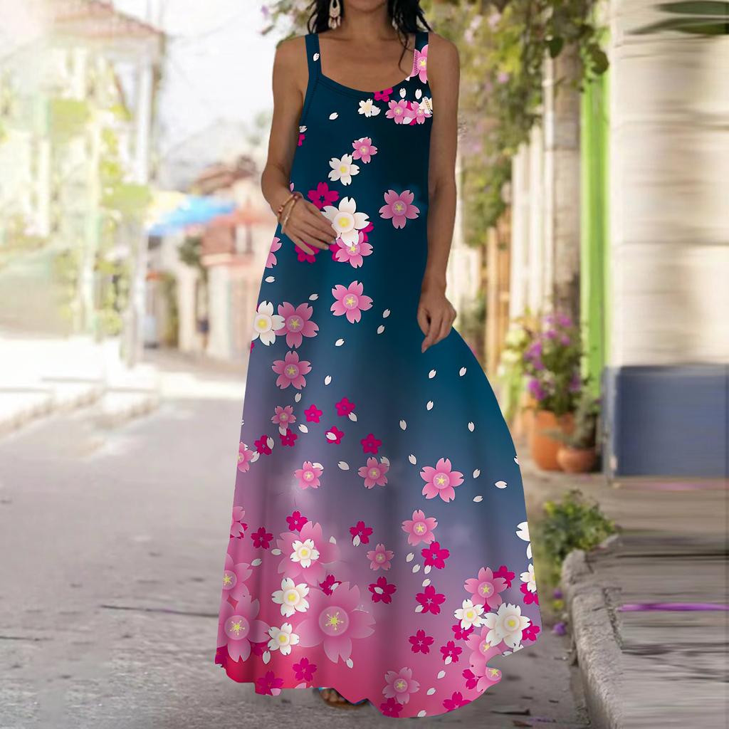 Women's Slip Dress Maxi Long Dress Pink Sparkling Flowers Print Dress Spring & Summer Leisure Vacation