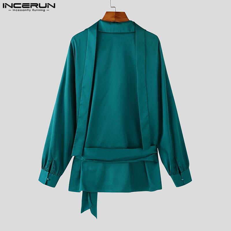 INCERUN Men V Neck Satin Shirts Solid Bandage Casual Party Tops