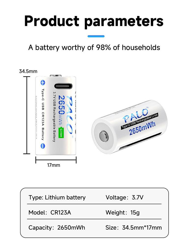 PALO Аккумулятор CR123A 2650mWh перезаряжаемый литий-ионный 16340 16350 батареи для светодиодного фонарика RCR123 аккумулятор +USB Type-c
