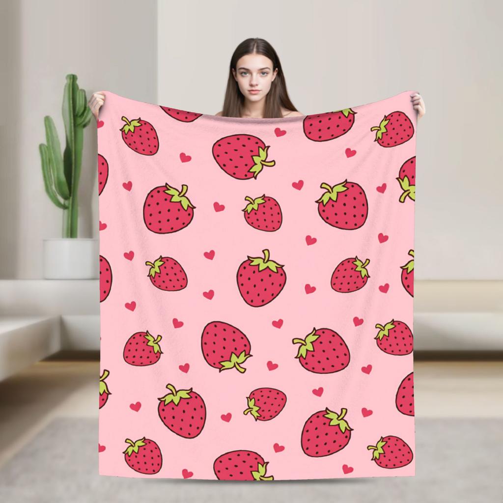 Pink Strawberry Print Flannel Blankets Warm Soft Bedding Throws for Outdoor Picnic Novelty Bedspread Sofa Bed Cover