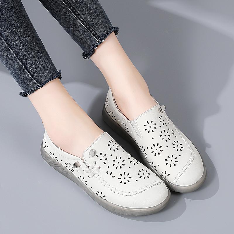 35-41 Women's Large Breathable Fashion Flat Leather Shoes with Hollow Out Shoes White Shoes Lefu Shoes