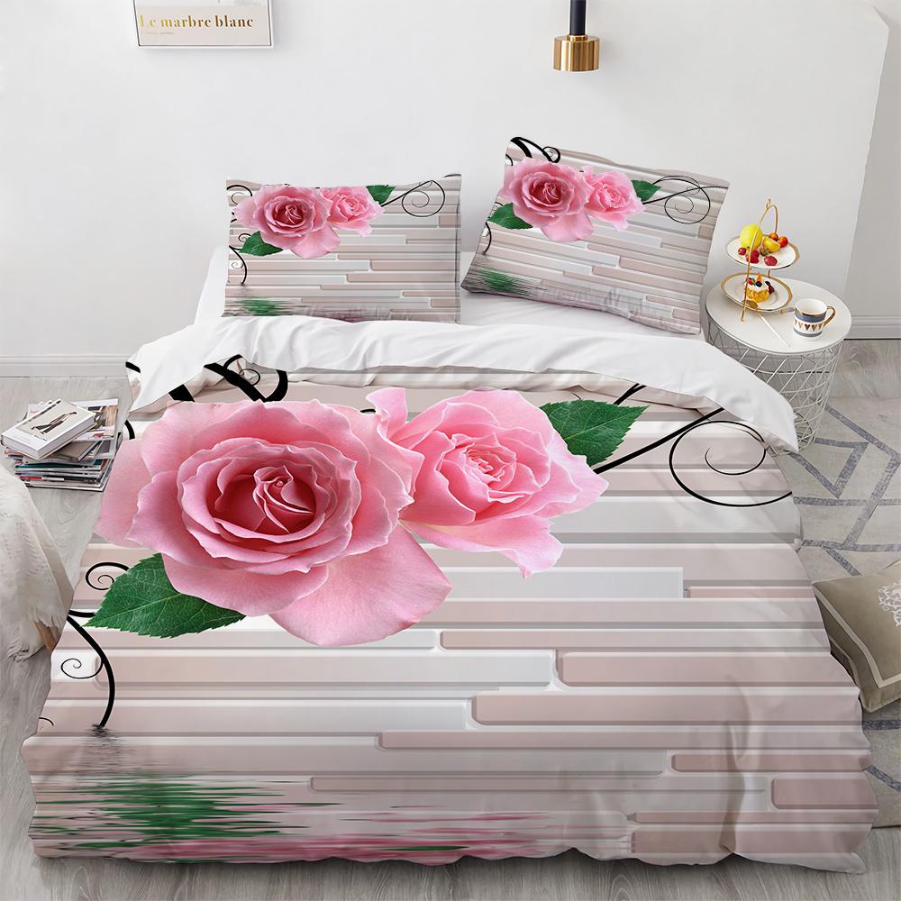 Rose Duvet Cover Set 3D Printed Romantic Theme Flower Bedding Set Valentine's Day Twin Polyester Comforter Cover With Pillowcase
