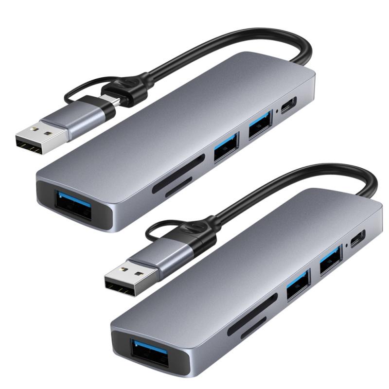Usb C Hub 6-в-1 Док-станция типа C/USB с двумя головками Адаптер быстрой зарядки Pd с поддержкой Sd/tf