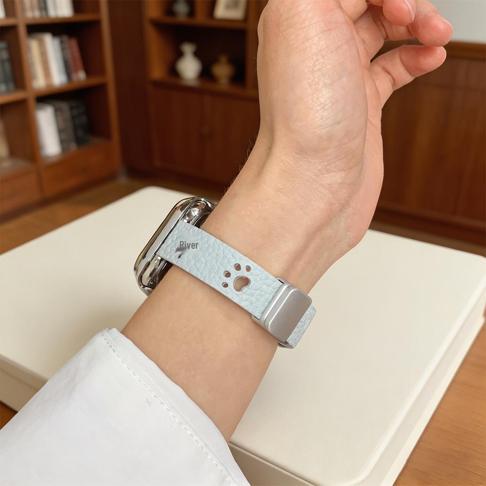 Совместимый кожаный магнитный ремешок для Apple Watch Series 11/SE и Huawei GT6/Xiaomi с дизайном в виде кошачьих лапок.