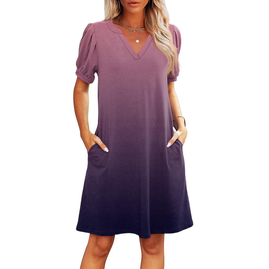 Women's Summer V-Neck Casual Beach Dresses Pod Short Sleeve Gradient Printed Dresses