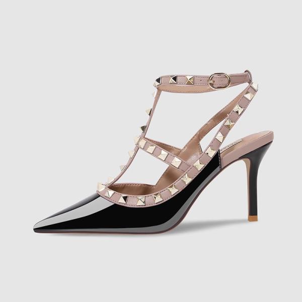 Fashion Beige High Heels Comfortable High-Heeled Shoes Roman Style Slip On Navy Blue Pumps All-Match Rivets Patent Leather Sandals Ladie