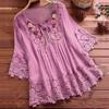 Women Lace Embroidery Flower Loose Plus Size Half Sleeve Shirt