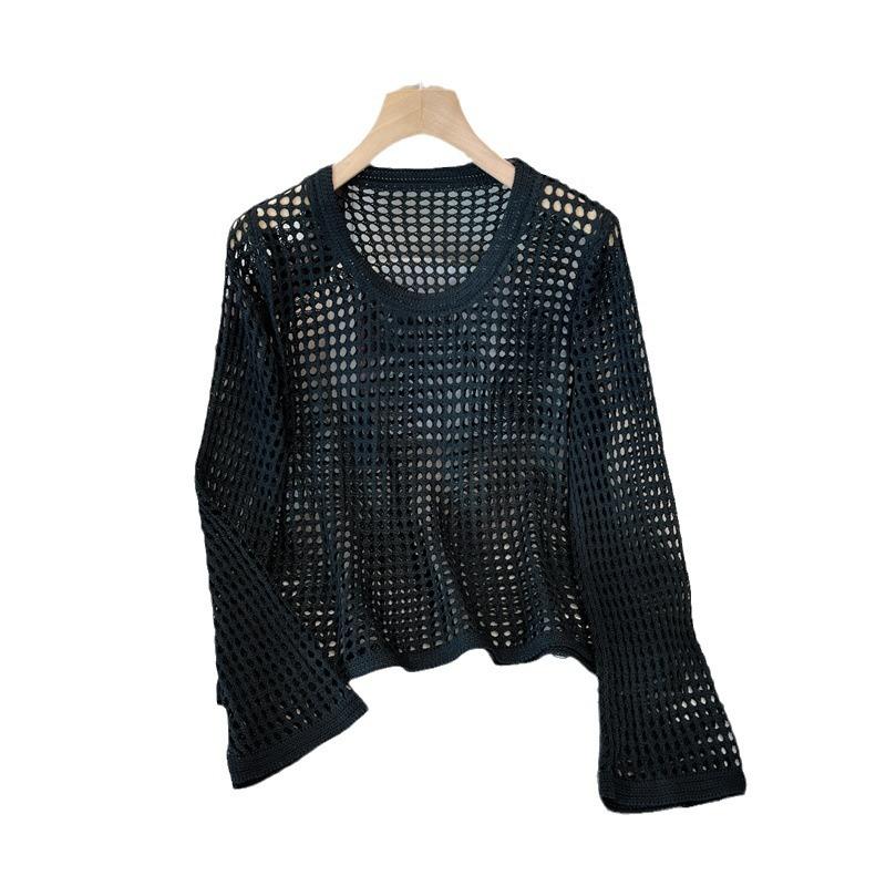 Летняя рубашка с дырками, свободная толстовка с капюшоном, круглый вырез, трикотажная рубашка, ажурные солнцезащитные топы с длинными рукавами