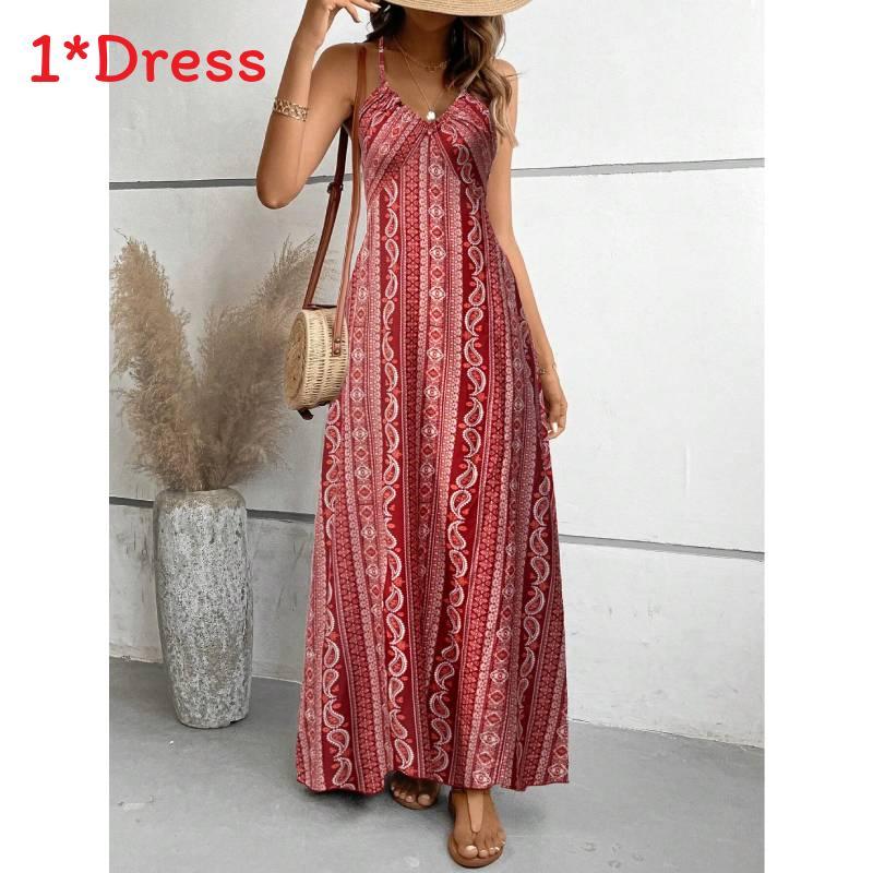 Summer Floral Print Sleeveless Maxi Dress With Zipper For Womens Beachwear