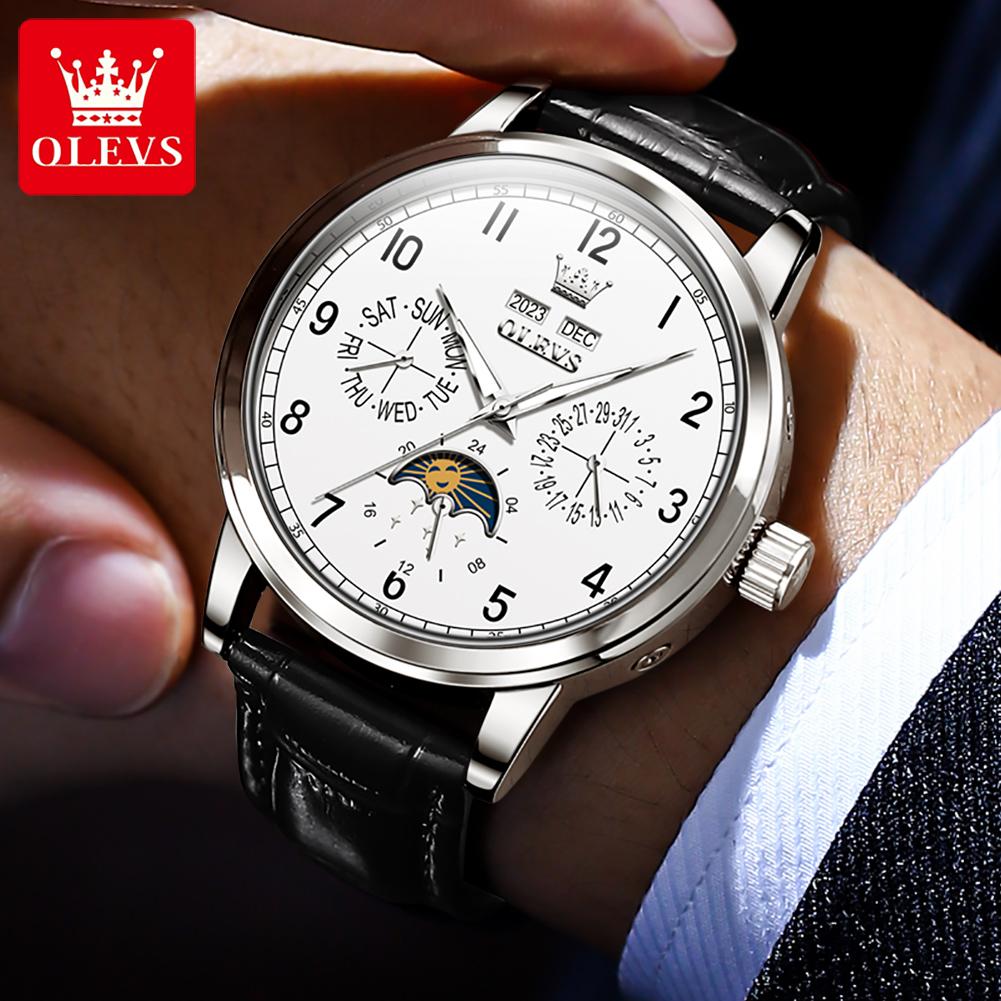 OLEVS 6698 New Moon Phase Mechanical Watch For Men Number 42mm Big Dial Leather Hand Clock Waterproof Automatic Man Watches