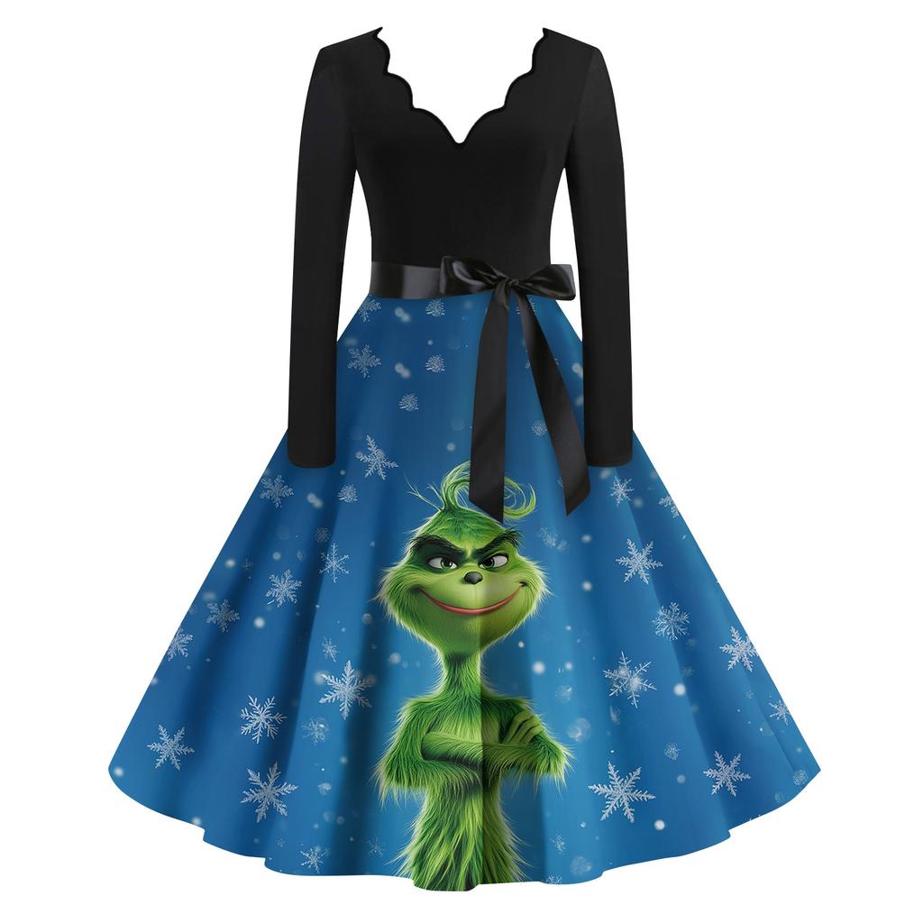 Women's Casual Fashion Print Long Sleeve Dress Cutout Party Casual V Neck Dress