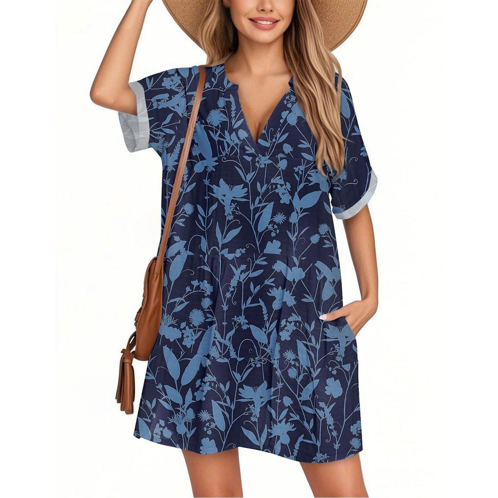 Women's Fashion Smock Hawaiian Floral Casual Short Sleeve V-neck T-shirt Dress Holiday Beach Dress