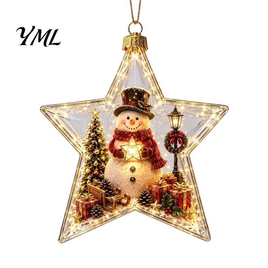 Holiday Home Party Ornaments Lighted Christmas Star for Tree Decoration, Acrylic Shatterproof Hanging Decor Xmas Pendants with Snowman Design
