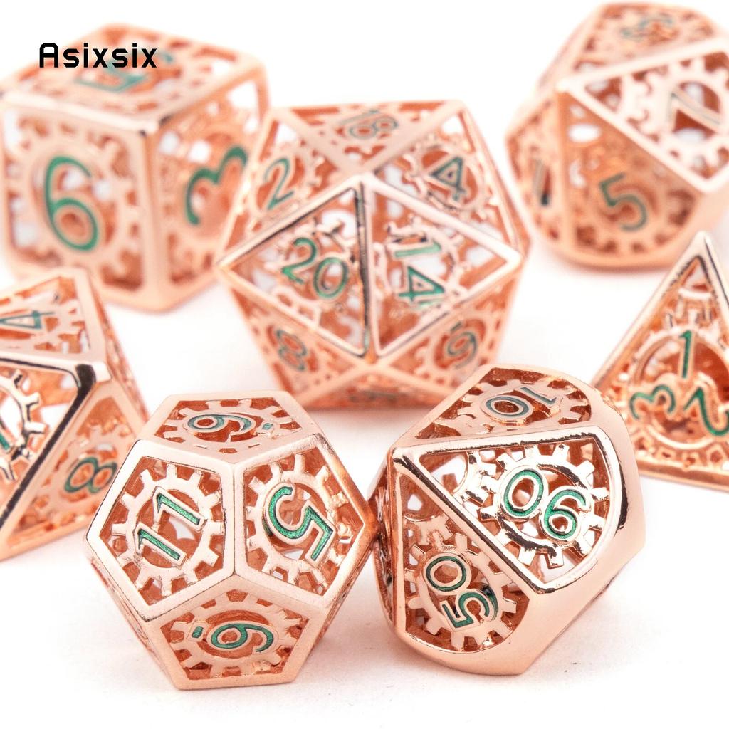 7 Pcs Red Green Gear Wheel Metal Dice Hollow Metal Polyhedral Dice Set Suitable for Role-Playing RPG Board Game Card Game