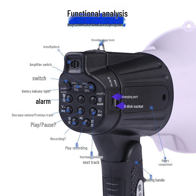 Складной мегафон Thunder King CR-622 Bluetooth, перезаряжаемый, с функцией записи и сигнализацией.