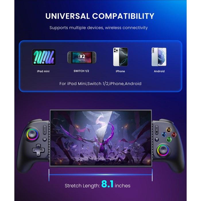[IINE] Контроллер для смартфона для Switch 2/Switch/OLED/iOS/Android – Раздвижной до 200 мм, RGB-подсветка, Функция макросов, Беспроводной, 1000 мАч, с