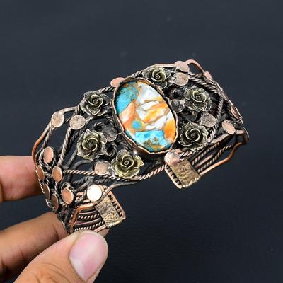 Колючая устрица, медь, бирюза, драгоценный камень, чистая медная проволока, обернутая манжетами/браслетом ручной работы, ювелирные изделия для нее