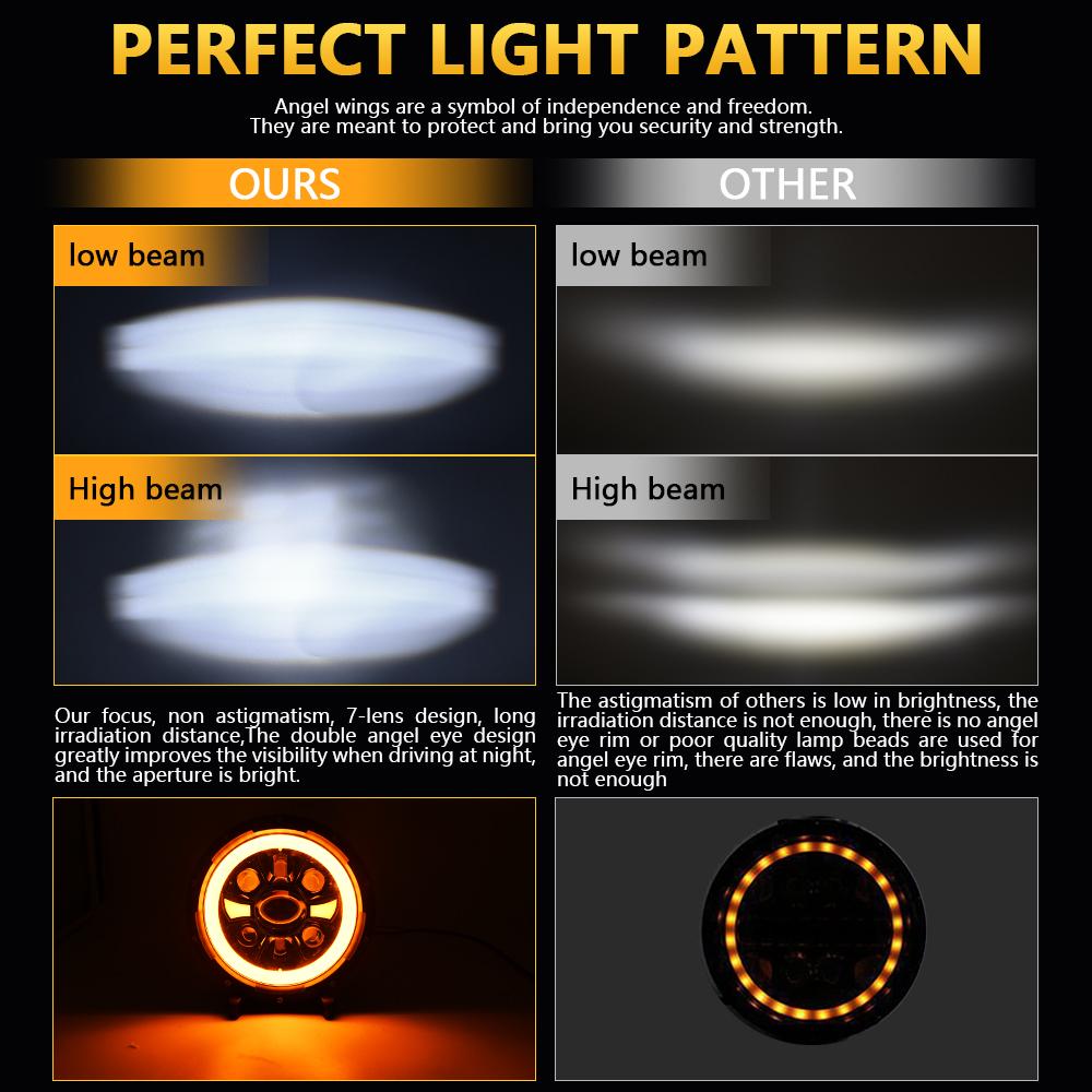R9 Двойной ангельский глаз 7 дюймов H4 Светодиодная фара IP67 Водонепроницаемая Дальний/Ближний свет Автомобильная лампа для вождения с соединительным кабелем