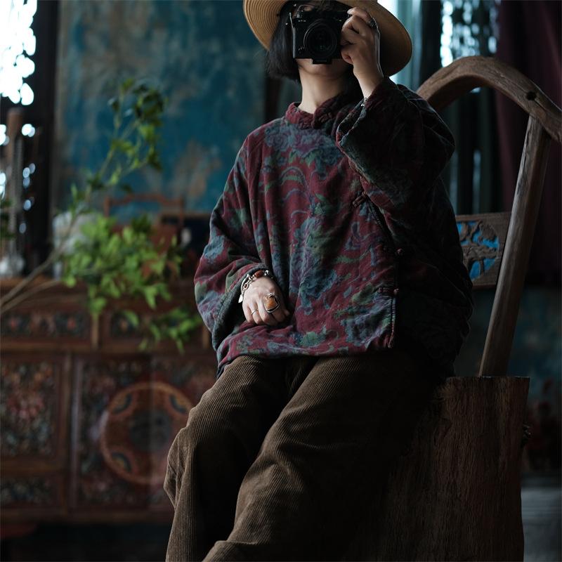 Johnature Women Vintage Cotton Linen Parkas Stand Long Sleeve Button Warm Plus Cotton Coats Winter Chinese Style Parkas