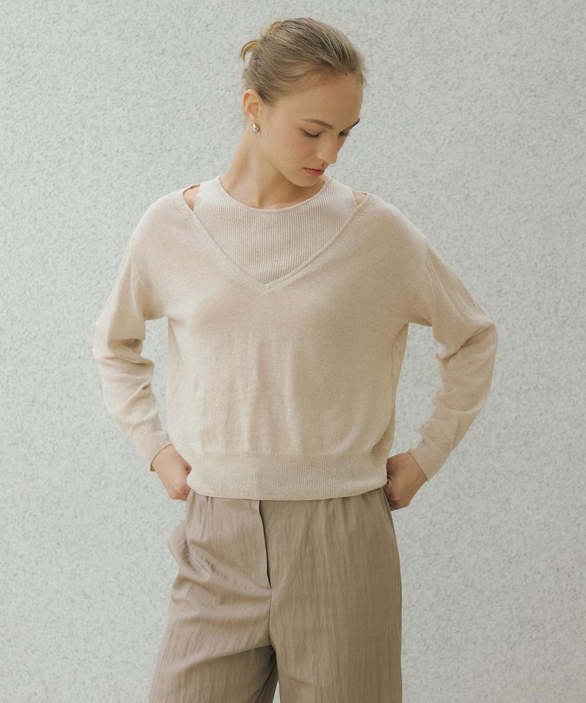 OCTETTE Linen V-Cut Layerd Knit_2Color
