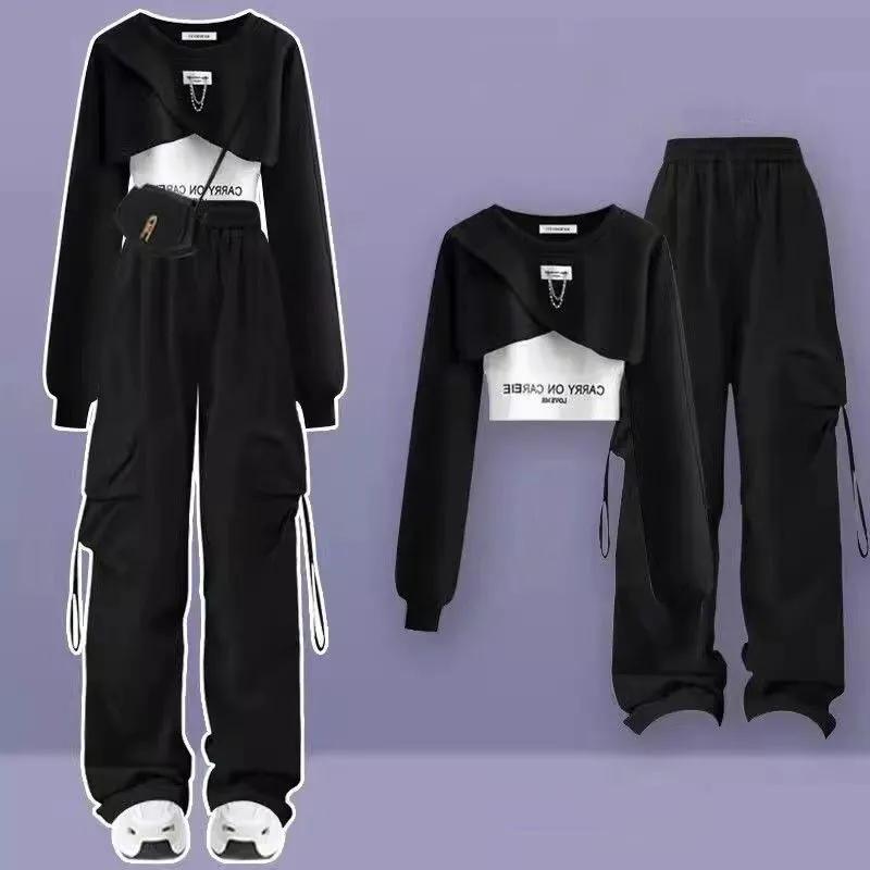 Женский корейский весенне-осенний комплект, свободный модный топ, повседневные брюки, комплект из трех предметов